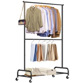 SLEEPING LAMB Heavy Duty Clothing Racks for Hanging Clothes Rack, 43" Wide Rolling Garment Rack Metal Clothing Hanger Rack with Wheels Wardrobe Rack for Coats, Shirts, Dress, (Black)