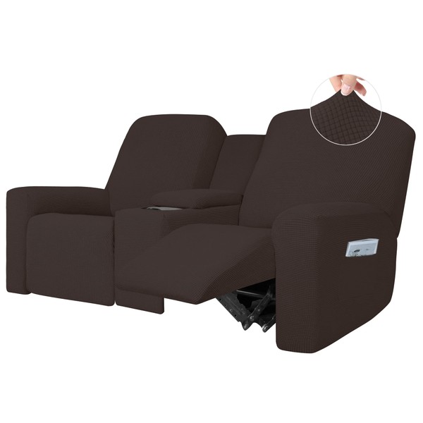 Easy-Going 1 Piece Stretch Reclining Loveseat with Middle Console Slipcover, 2 Seater Loveseat Recliner Cover with Holder and Storage, Recliner Couch Sofa Cover, Furniture Protector Chocolate