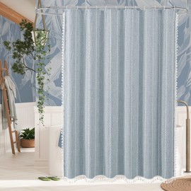 MitoVilla Boho Long Shower Curtain 72 x 78, Blue Farmhouse 78 inch Long Cotton Linen Fabric Shower Curtains with Tassel for Chic Cottagecore French Rustic Bathroom Decor