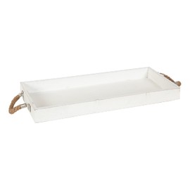 Kate and Laurel Bayville Coastal Farmhouse Wood Tray, 10 x 24, White, Decorative Wooden Tray with Rope Handles and Rustic Distressed Finish for Serving, Storage, and Display