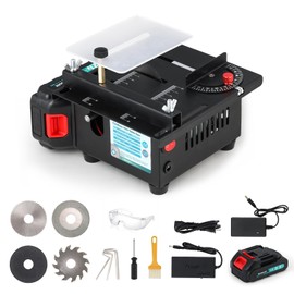 Bonoutil Cordless Mini Table Saw, 4 Blades Set Dual Power Option Li-ion Battery/Power Cord Cut Thickness 15 mm 0-90° Adjust Small Hobby Saws for DIY Model Wood Cutting