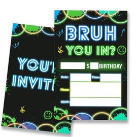 VIYZZX Boy Birthday Party Invitation Bruh Birthday Invitations for Boys Teens Teenager Boys Party Neon Invites with Envelopes Set of 20, Fill in Blank, Double Sided