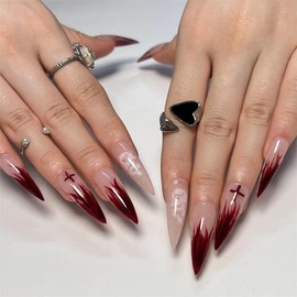 DOCVOEOMH Press on Nails Stiletto Long Almond Shaped French Acrylic Fake Nails with Dragon Design Glue on Glossy Full Cover Artificial Gel False Stick on Nail for Girls Women Wedding Manicure 24Pcs
