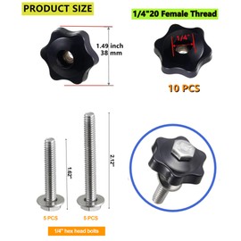 ZHSLDQ 1/4"-20 T Track Knob Kit,10 Pcs Hex Thread Knob Nuts,10 Two Size Hex Bolts with Washers, T Tracks Woodworking,T-Track Accessory for Woodworking Fixtures Fixing,Nut Diameter 38mm/1.49inch