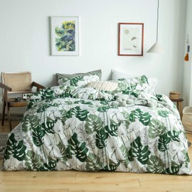 YuHeGuoJi Tropical Green Duvet Cover Queen 100% Cotton Coastal Monstera Leaves Duvet Cover 3 Pcs Set 1 Hawaiian Botanical Duvet Cover with Zipper Ties 2 Pillowcases Plant Print Bedding Set Soft