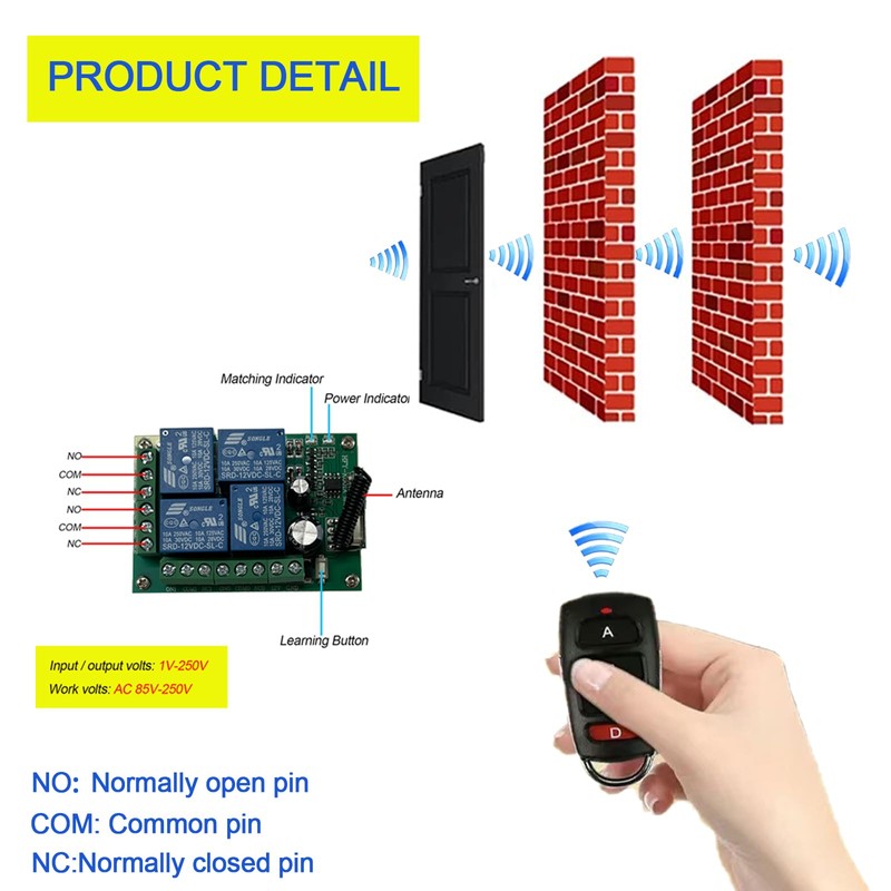 Bkiyougo 433MHz 12V 10A 4CH Wireless Remote Control Switch, DC