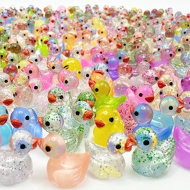 100pcs Mini Resin Ducks, Mini Glitter Ducks Colorful Tiny Small Plastic Miniature Ducks Figures for Fairy Garden Moss Landscape Party Decoration Hidden Game (50pcs Glitter and 50pcs Luminous)