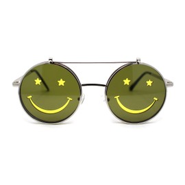 Retro Smiley Face Double Flip Up Round Circle Lens Hippie Sunglasses (Silver - Yellow Black)