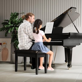 LIFERUN Black Wooden Duet Piano Bench with Storage, Padded Faux Leather Cushion Seat Piano Stool, Storage Compartment for Music Books, 29.5 x 13.8 x 19.3 Inches