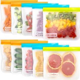 Qinline Reusable Food Storage Bags - 10 Pack Freezer Bags Silicone, Extra Thick Leakproof Lunch Bags for Salad Fruit Marinate Meats Travel - 10 Sandwich Storage Bag