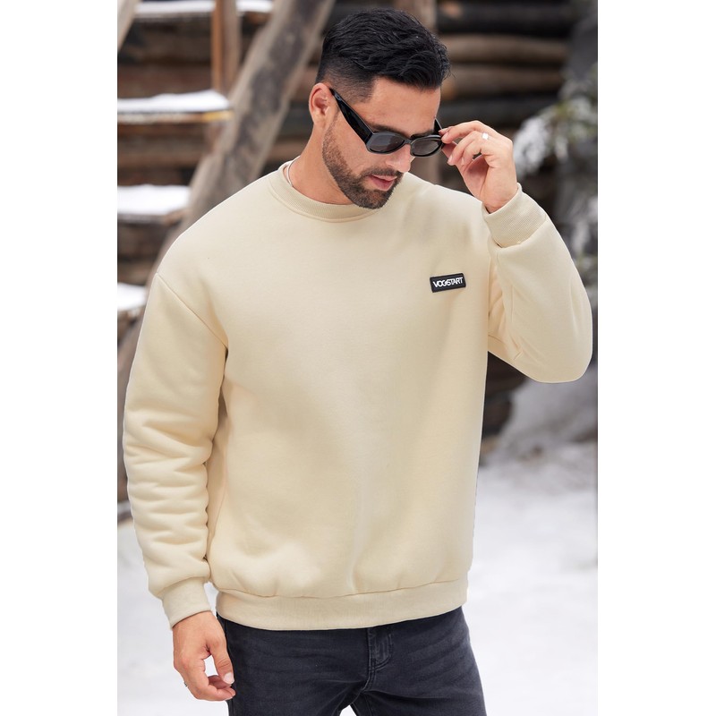 VOGSTART Men's Sherpa Lined Sweatshirt Crew Neck Fleece Pullover Cosy