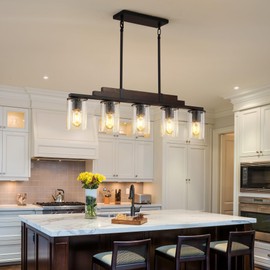 Farmhouse Wood Kitchen Island Lighting, 4-Light Adjustable Chandelier for Dining Room, Seeded Glass Shade Dining Room Light Fixture Over Table, Black Hanging Pendant Lights for Kitchen, Pool Table