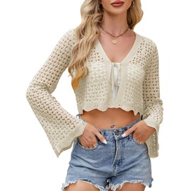 Women Tie Front Cardigan Crochet Bolero Shrug Bell Sleeve V Neck Knit Bolero Caridgans White M