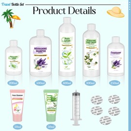 Chengu Cruise Travel Essential Kit 7 Empty Shampoo Bottles Conditioner 20 Tampon Tubes 20 Self Adhesive Wrappers with Funnel Seals Waterproof Sticker for Women Event