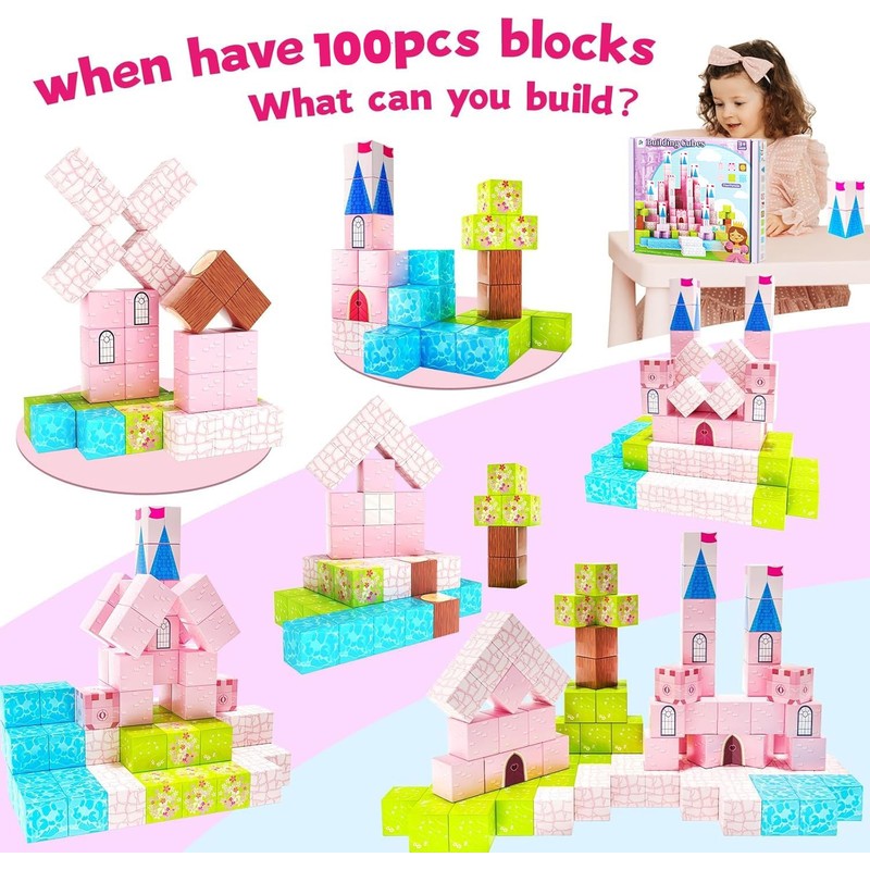 Magnetic Blocks-100PCS Magnetic Blocks Princess Toys,Build Mine Magnet World,STEM Sensory