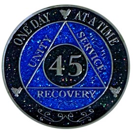 Simply Minimal AA 45-Year Shiny Fancy Glitter Recovery Medallion, Alcoholics Anonymous Recover