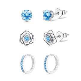 3 Pairs Sterling Silver Stud Earrings Set for Multiple Piercing Small Cartilage Hoop Earring and Rose Flower Blue Cubic Zirconia Studs Huggie Hoop Earrings for Women Teen Girls Kids Jewellery Gifts