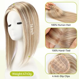 RSY Light Golden Blonde Hair Toppers for Women, 100% Real Human Hair Pieces for Women, 5"*5" Mono Top 14 Inch Clip in Extensions with No Bangs