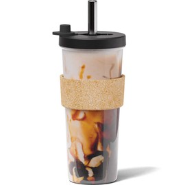 24 oz Leakproof, Reusable Boba Cup and Smoothie Tumbler by Dodoko with Resealable Lid Plug |Wide Stainless Steel Straw for Bubble Tea and Boba| Dishwasher Safe | BPA Free | Shatterproof - Night Black