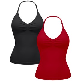 OLCHEE Womens Halter Tank Tops V Neck Impact Backless Longline Strappy Adjustable Gym Workout Top Padded 2PK - Black Red Small
