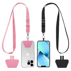 CACOE Phone Lanyard 2 Pcs Adjustable Neck Strap,4 Pcs Patches,Universal Crossbody Multifuctional Patch Cell Phone Lanyards Compatible with Most Smartphones(Black+Pink)