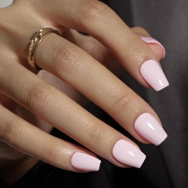 KQueenest Press on Nails Short with Glue - Sheer Pastel Pink Nails for Sticking Short Coffin, Plain Medium Ballerina Fake Nails Light Pink, Artificial Nails Set for Women & Girls, 30 Pieces