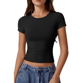 QINSEN Crewneck Short Sleeve Shirts for Women Basic Side Ruched Double Lined Going Out Crop Tops Black L