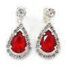 Ruby Red/Clear Crystal Teardrop Clip On Earrings In Silver Tone