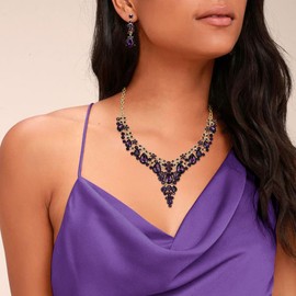 EVER FAITH Crystal Jewelry Set for Women, Flower Statement Necklace Drop Dangle Earrings For Prom Party Dark Purple Gold-Tone