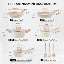 M MELENTA Pots and Pans Set Non Stick, 11pcs Ceramic Cookware Set, Non Toxic Induction Kitchen Cookware Sets, Nonstick Cooking Set with Stay Cool Handle, 100% PFOA Free, Cream
