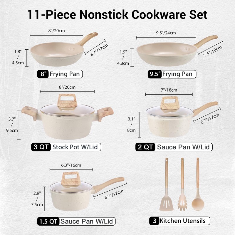 M MELENTA Pots and Pans Set Non Stick, 11pcs Ceramic