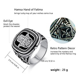 FUTPLOR Hand of Fatima Signet Rings Hamsa Ring Stainless Steel Evil Eye Fatima Vintage Jewelry Protection Amulet Brings Lucky Signet Rings for Men Women Christmas Gift (Silver, 11)