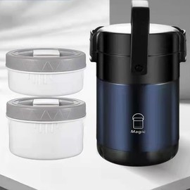 Scizorito Stackable Stainless Steel 3-Tier Lunch/Snack Box, Vacuum Stainless Steel Leak-Proof Insulated Bottle, Suitable for Carrying Food to Office, Outdoor Picnic(64oz, Noble Blue)