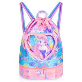 PinkSheep Swimming Bag for Children, Sports Bag, Drawstring Backpack for Girls and Boys - Waterproof Beach Bags with Shoe Compartment and Wet Bag for Swimming Pool Beach Travel School, mermaid, Unit