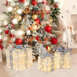 SANHSEHOME Set of 3 Christmas Lighted Gift Boxes, Pre-lit 60 LED Light Up Present Boxes Ornament for Christmas Decorations Indoor Outdoor Home Yard Xmas Tree Holiday Party Lawn Porch (Silver Bow)