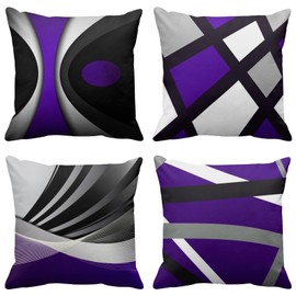 Emvency Set of 4 Purple Throw Pillow Covers Modern Abstract Black Grey Stripes Gray White Acrylic Bold Decorative Pillow Cases Home Decor Square 18x18 Inches Pillowcases