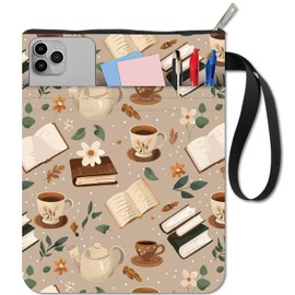 craspire Book Cover Made of Fabric with Zip and Additional Fabric Cover, Rectangular Protection with Tea Service, Leaves, Coffee Book Cover, Washable Changing Bag for Paperbooks, Notebooks, Books