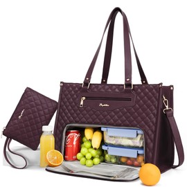 Bagstellar Lunch Tote Bag for Women, 15.6 Inch Laptop Work Bag with Insulated Lunch Box Compartment & Purse Large Capacity Quilted Computer Handbag for Office Business Work Nurse Teacher Travel Casual