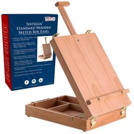 U.S. Art Supply Antigua Adjustable Wood Table Sketchbox Easel, Premium Beechwood - Portable Wooden Artist Desktop Storage Case - Store Art Paint, Markers, Sketch Pad - Box for Drawing, Painting