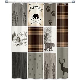 bzwcbei Rustic Cabin Bear Deer Shower Curtain, Country Grey Plaid Shower Curtain Set for Bathroom, Farmhouse Forest Nature Fabric Shower Curtain Restroom Bathtub Decor Accessories with Hooks (48x70)