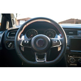 RedlineGoods Steering Wheel Cover - GTI/R Compatible with Volkswagen Golf MK VII 2015-21. Tailor Made - not Universal. Genuine top-Grade Italian Black Leather with Red Thread