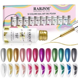 RARJSM RARJSM Metallic Nail Art Gel Liner Black Silver Rose Gold Blue Green Red Glitter Painted Gel Nail Polish Set Soak Off 12 Colors 5ml UV LED Curing Require for DIY at Home Nail Salon Manicure Design