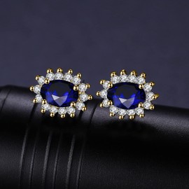 JewelryPalace Princess Diana Kate Middleton Class Gemstone Birthstone Cleated Sapphire Stud Earrings for Women, 14k Yellow Gold Plated 925 Sterling Silver Earrings for Women, Earings Set