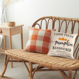 7COLORROOM Set of 2 Orange and White Buffalo Check Plaid Throw Pillow Covers Farmhouse Decor Autumn Harvest Pumpkin Cushion Cover Thanksgiving Home Pillowcases 18 Inches x Inches, 21-YTXNGGZ