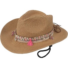 FakeFace Women's Bohemian Sun Hat with Wide Brim Straw Hat Cap Summer Hat UV Protection Beach Hat with Belt Retro Panama Floppy Hat Cowboy Hat Western Hat for Women, khaki, Unit size