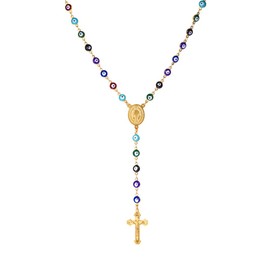 U7 Women Mens 18K Gold Plated Stainless Steel Link Colorful Evil Eye Beaded Rosary Necklace With Crucifix and Medal