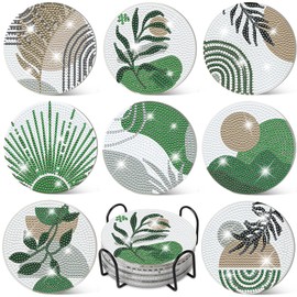 Ovveroche 8 Pcs Diamond Art Painting Coasters with Holder, Diamond Art Coasters Abstract Diamond Art Kits for Adults Beginner Craft Supplies
