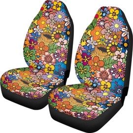 Drydeepin Boho Hippie Daisy Flower 70s 80s Groovy Aesthetic Car Seat Covers for Women Elastic Bucket Auto Seat Protector Front Seats Only Universal Fit Truck SUV Van Interior Accessories(2 Pack)