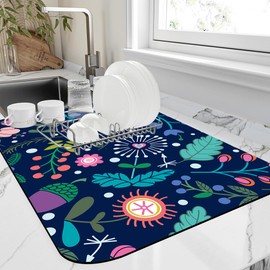 Kitchen Mat Beautiful Floral Dish Drying Mat 16"x24" Bsorbent Coffee Maker Mat for Sink Dishes or Under Rack Kitchen Counter Accessories Absorbent Hide Stain Rubber Backed Dish Drying Pad