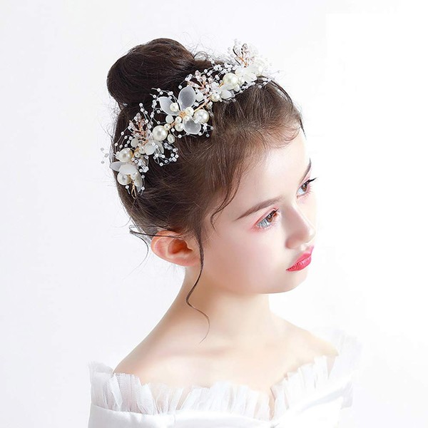 Headband Wedding Flower Girls, Rhinestone Pearl Crystal Beads Fairy Gold Vine Hair Accessories for Little Girl Princess Halo Tiara